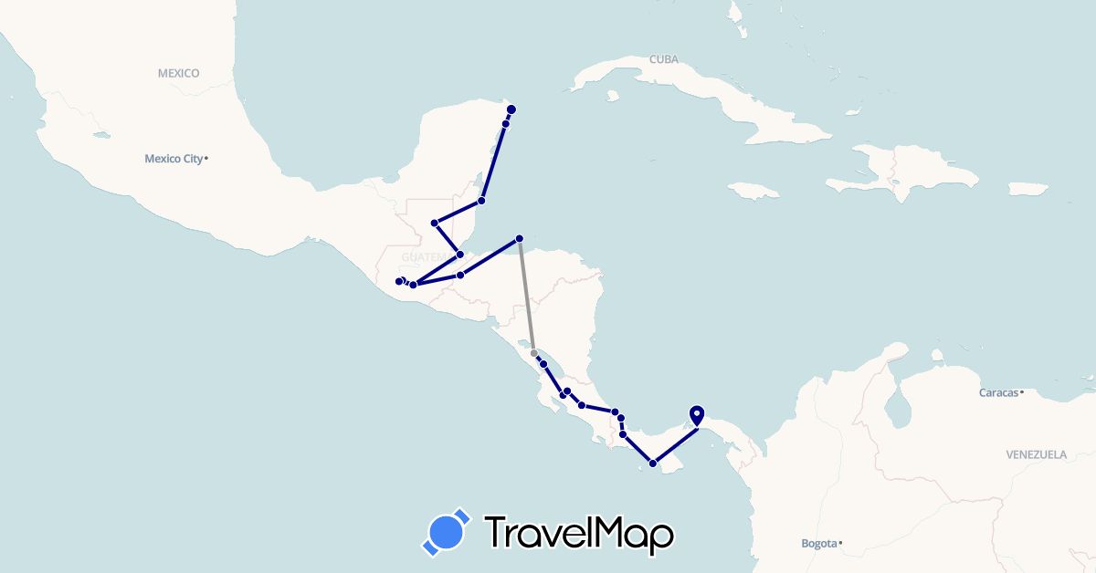 TravelMap itinerary: driving, plane in Belize, Costa Rica, Guatemala, Honduras, Mexico, Nicaragua, Panama (North America)